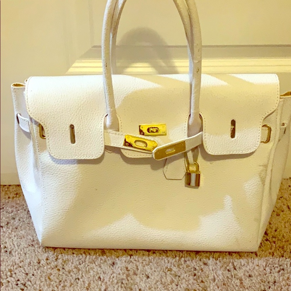 Large White Leather Kelly-style hand bag
